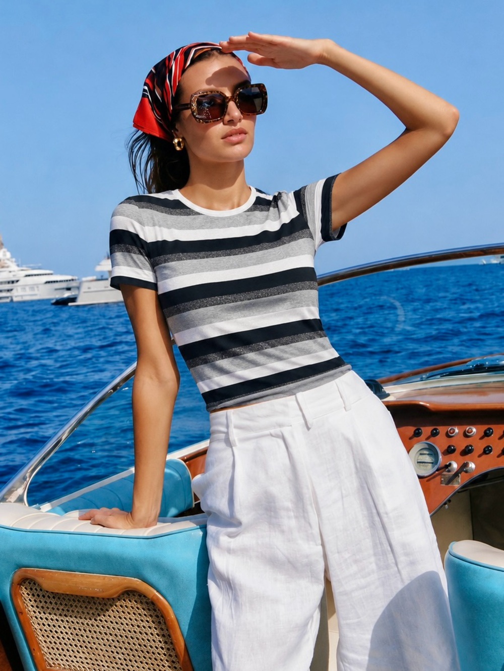 St. John Metallic Boatneck Casual Short Sleeve Striped Relaxed Tee Blouse